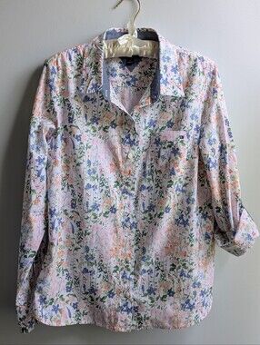 Tommy Hilfiger Sea Garden Floral Roll Tab Button-Up 100% Cotton Blouse Size M